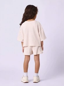SUMWON Girls Ribbed Stripe Set Short Sleeve Oversized Co-Ord Wear Two Piece Summer Outfit Casual Spring Essential