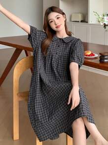 DAZY 女士可爱格子荷叶边领泡泡袖睡袍，休闲睡衣