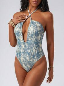 Swim EVENT Women's Summer Sexy Music Festival Beach Tie-Dye Printed Cross Strap Ruched One-Piece Swimsuit - Multicolor - View 5