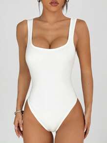 SHEIN EZwear Bộ đồ liền thân không tay hở lưng đơn giản màu trơn - trắng - Xem 4
