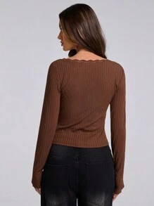 SHEIN BAE Vrouwen lente en zomer Franse kant V-hals, bruin gebreide top met lange mouwen, geschikt voor dagelijks woon-werkverkeer, kantoorkleding, kleding in oude geldstijl, - Bruin - Bekijken 2