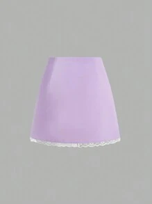 SHEIN MOD Minifalda de verano de color lila con lazo frontal, ribete de encaje y bajo con abertura - Lila Púrpura - Ver 2