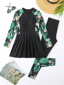 SHEIN 青少年女孩分体式吊带上衣，长袖拉链泳装，下装为花卉拼布裙和裤子 - 彩色 - 查看 7