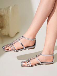 CUCCOO CHICEST Women's Fashion Silver Flat Square Toe Versatile Beach Shoes, Strap Flat Sandals - Silver - View 3