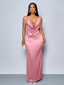 SOLERSUN Vestido ajustado elegante de satén con cuello drapeado, espalda descubierta y abertura alta, en unicolor, adecuado para fiesta de Navidad, vacaciones y citas, ideal para el Día de San Valentín