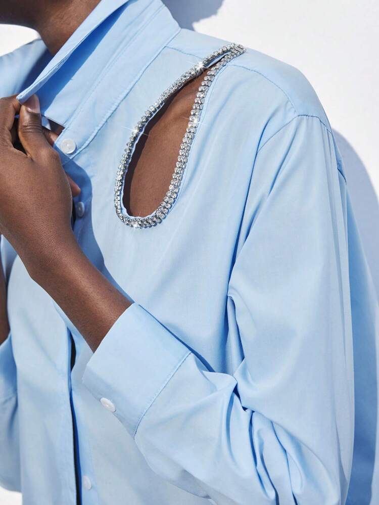 SHEIN Maija Spring New Style Valentine's Day Blue Sparkling Diamond Hollow Modern Urban Elegant Shirt, Gorgeous Sexy Daily Casual Romantic Urban Vacation Suitable For Outing Parties Wedding Guests Old Money Style Music Festival 90s Old Money Bohemian,Autumn, Christmas Elegant Women's Blouses Casual Blouse For Women Formal Attire For Women Office Wear Women Business