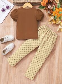 SHEIN 2 件套年轻女孩纯色圆领泡泡袖上衣和裤子套装 - 咖啡棕 - 查看 2