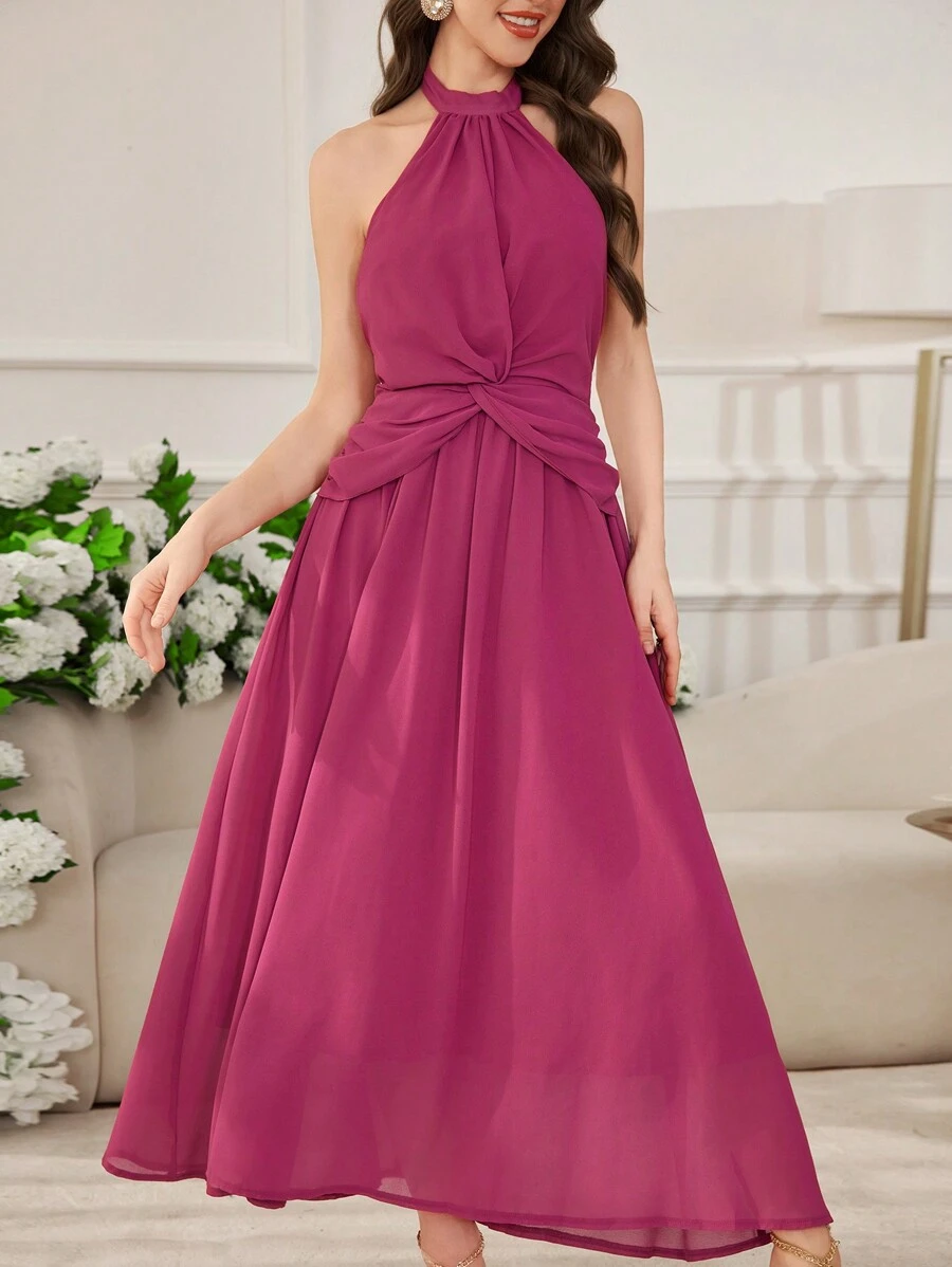 Modelyn 女士露背锁眼雪纺长裙，法式紧身连衣裙，无袖 V 领宽松休闲太阳裙 - 中紫紅色 - 查看 1