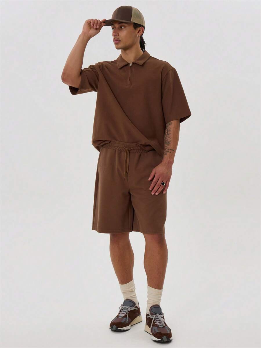 Musero Elasticated Drawstring Waistband Jersey Jogger Style Basic Shorts Autumn Capsule Wardrobe - Brown - View 1