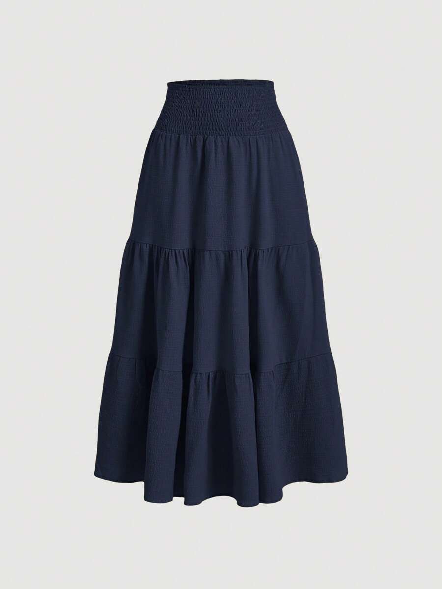 SHEIN MOD Women's Solid Color Drawstring Pleated Minimalist A-Line Skirt, Casual Daily Wear - Navy Blue - View 1