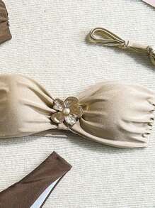 SHEIN Swim 女士春假纯色优雅度假可拆卸肩带高腰比基尼三件套 - 彩色 - 查看 4