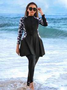 Plus Size Tropical Coconut Tree Print Long Sleeves And Long Pants Burkini Set, For Summer Beach Vacation Arabic Clothing