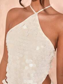 SHEIN BAE 女士细肩带后背系带亮片装饰休闲上衣 - 杏色 - 查看 6