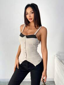SHEIN Unity 女士紧身撞色珍珠纽扣吊带背心，适合夏季度假 - 彩色 - 查看 4