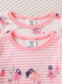 Conjunto de 2 piezas para bebé niña con diseño de dibujos animados, top de cuello redondo de manga larga y pantalones de ajuste ceñido, atuendo acogedor, primavera otoño