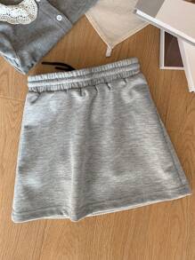 DAZY Young Girl Short Simple Drawstring Waist Casual Skirt, Solid Color Fall/Winter - Grey - View 2