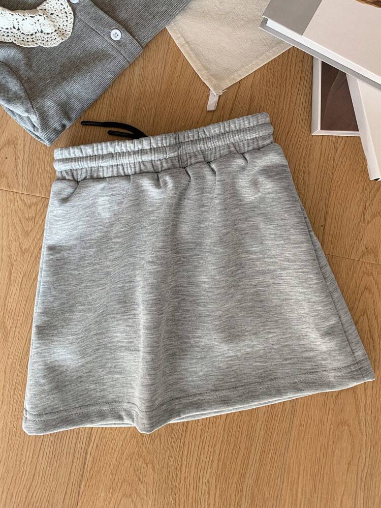 Young Girl Short Simple Drawstring Waist Casual Skirt, Solid Color Fall/Winter