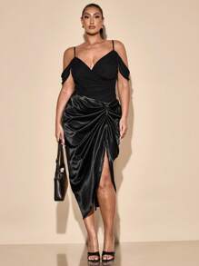 SHEIN BAE Plus Size Women's Black Elegant Draped Open Shoulder Bodysuit, Sexy & Suitable For Daily Wear, Outing, Date, Afternoon Tea, Vacation, Spring/Summer - Black - View 5