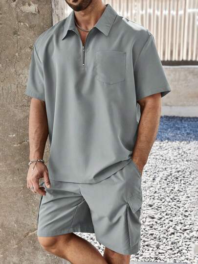 Manfinity Homme 大码男士短袖纯色衬衫和短裤套装