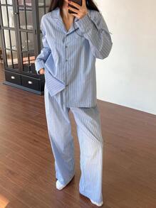 DAZY Conjunto de pijama de pantalón y top de manga larga holgado con rayas minimalista