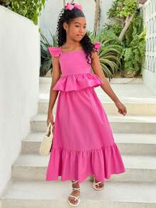SHEIN Tween Girl Casual Backless Top And Skirt Set, Suitable For Daily, Streetwear, Party - Hot Pink - View 3
