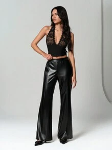 SHEIN Unity Women Solid Color Elastic Fitted Mid-Waist Pants Fall Cloth For Women - Black - View 3