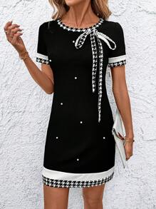 Ellevyn Women Pearl Decor Short Sleeve Dress, Spring - Black - View 6