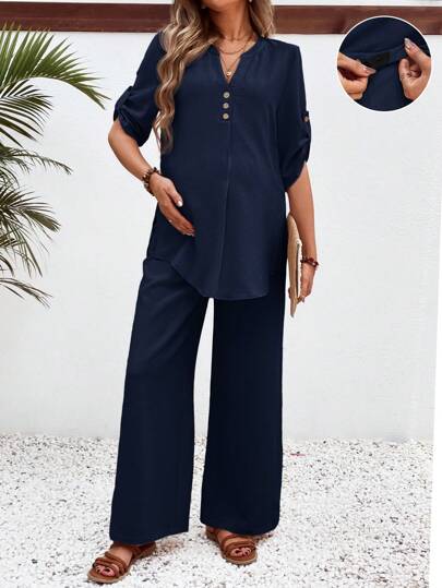 SHEIN 孕妇休闲宽松翻领袖衬衫和裤子 2 件套