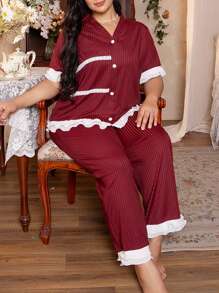 Côtesoire Plus Size Short Sleeve Top And Pants Pajama Set With Pleated Lace Patchwork & Contrast Color, For Christmas - Red - View 1