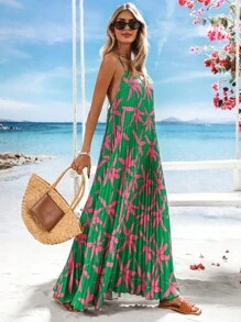 Vivid Eden Robe d'été pour vacances avec imprimé floral, bretelles spaghetti, dos nu et ourlet plissé à hauteur irrégulière pour femmes - Multicolore - Voir 6