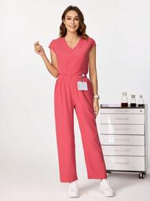 TaskEZ Women Plain Pocket Short Sleeve Top And Pants Scrub Uniform Set - Coral Pink - View 5