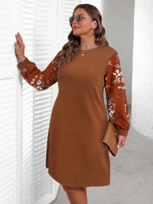 EMERY ROSE 大码女式纯色拼布圆领长袖迷你休闲连衣裙，秋装 - 鏽棕色 - 查看 5