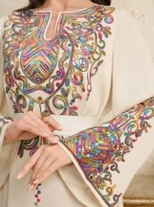 Al Najma Elegant U-Neck Bell Sleeve Sequins Embroidery Swing Abaya Dress For Spring & Summer,Modest