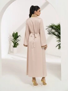 Al Najma Đầm suông đơn giản cổ đứng chắp vá màu trơn cho nữ tay dài - Màu be - Xem 5