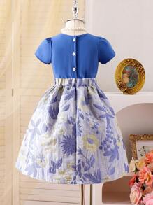 2pcs Young Girl Eid Mubarak Blue Short Sleeve Bow Top And Blue Embroidered Gold Ribbon Skirt Set, Elegant Party Mini Dress - Blue - View 2