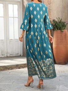 EMERY ROSE Women's Round Neck Printed Pleated Simple Casual Long Dress - Multicolor - View 2