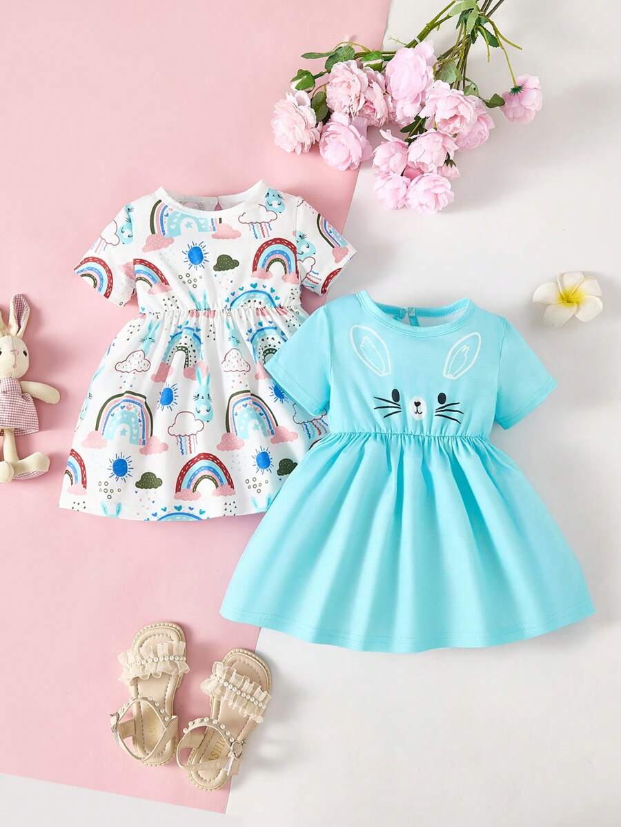 Vestido corto de manga corta con estampado de dibujos animados, casual de verano para niña bebé - Multicolor - Ver 1