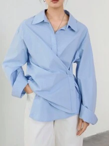 Dazy-Less Minimalist Asymmetric Button Design Solid Color Casual Long Sleeve Women Shirt,Fall Women Clothes Business Casual Woman Work Clothes - Blue - View 13