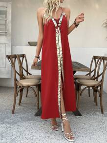 Breezaya Abito lungo da donna con laccio in vita, vestito lungo con paillettes, pizzo e pezze di textura