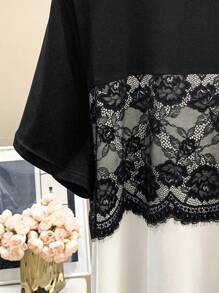 Lacomfia Plus Size Jednolity Kolor Patchwork Okrągły Dekolt Krótki Rękaw Prosty Casualowy T-shirt