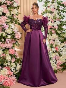 Glamrae 大码优雅浪漫紫色露肩长袖透视奢华亮片拼接 A 字长礼服、婚礼宾客礼服（羽毛肩）、派对礼服、晚礼服、长袍 - 淺灰紫 - 查看 2