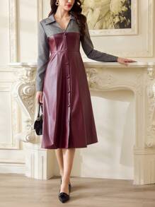 Vintamour 复古优雅女式长袖衬衫领 PU 皮革拼接口袋 A 字裙、休闲与办公装 女士度假装 女士夏季装 女士红色连衣裙 女士连衣裙 优雅长袖连衣裙 商务休闲女士 婚礼宾客连衣裙 女士优雅连衣裙 酒红色连衣裙 女士服装 女士长裙 红色连衣裙 优雅巡航装 女士办公室服装 女士工作服