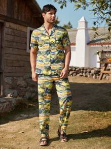 Manfinity ChillVibe Men's Landscape Printed Short Sleeve Pajama Set - Yellow - View 5