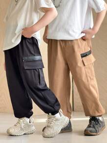 SHEIN 2 件/套年轻男孩休闲宽松纯色工装裤，带口袋，2 种不同款式，春夏，适合日常休闲、运动、户外、学校、派对、活动、拍照