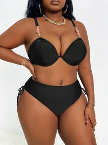 SHEIN Slayr CURVE Plus Size Women 2pcs Bikini Swimwear Set, Solid Color, Push Up Top, High Waisted Tie Strap Bottom, Fashionable And Sexy For Beach Resort, For Summer Vacation - Black - View 1
