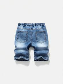 Tween Boy Fashionable Casual Washed Soft, Elastic Denim Shorts, Suitable For Street Style And Holiday, Lightweight, Summer - Medium Wash - View 2