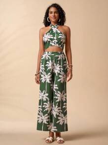 Travachic 2 件套热带印花背心和热带印花裤套装，女士度假装，休闲度假装，棕榈树，绿色休闲热带波西米亚风套装 - 綠色 - 查看 3