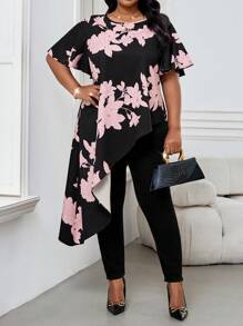 SHEIN Lady Spring And Summer Elegant Commuting Office Casual Boho Colorful Woven Round Neck Asymmetrical Short Sleeve Plus Size T-Shirts Summer Summer Outfits For Women Vacation Outfits Woman Summer Tops Beach Outfits For Woman Summer Clothes Women Boho Women Clothing Beach Outfits Bohemian Plus Size Summer Clothes Summer Tops Women Tops Summer Vacation Tops