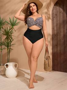 Swim Lushoire 大码女式连体几何印花前交叉模杯性感度假风格泳衣，适合夏季海滩 - 黑色 - 查看 6