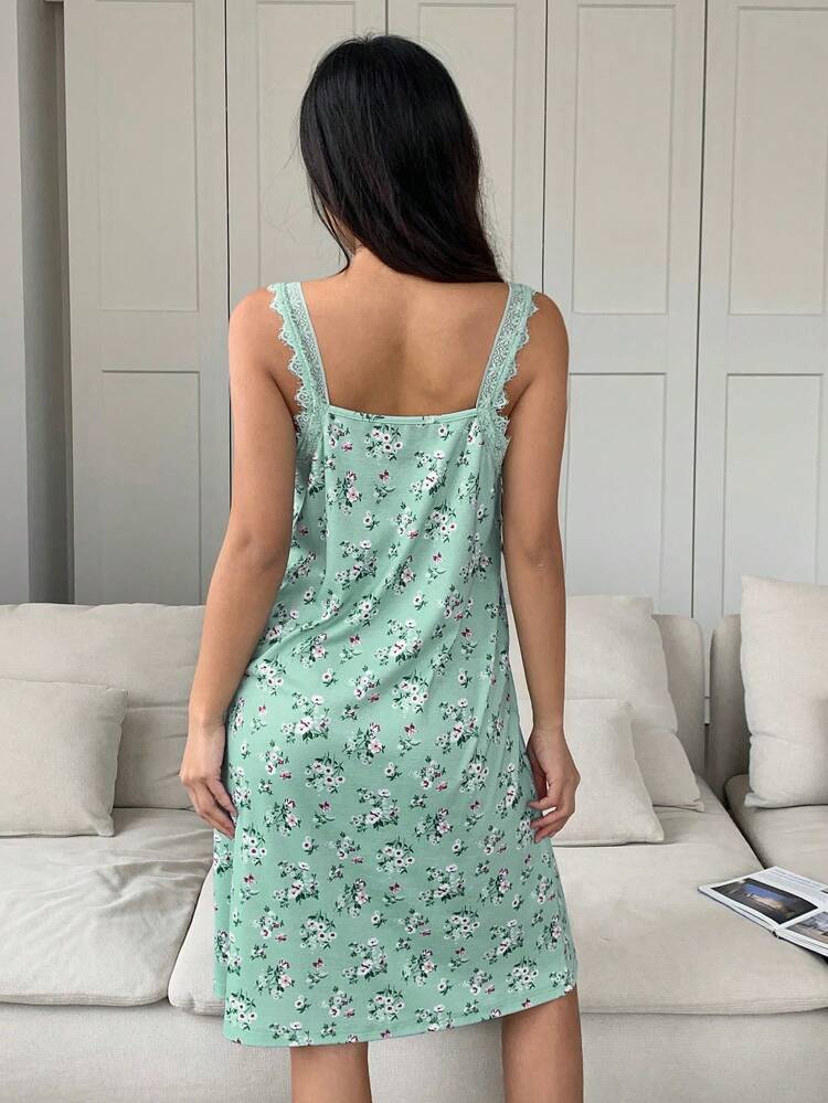 Floral Print Lace Trim Sleeveless Women Nightgown Pajama
